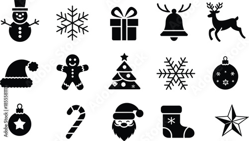 Collection of Black Christmas Icons on White Background Keywords: christmas, holiday, winter, celebration, festive, snowman