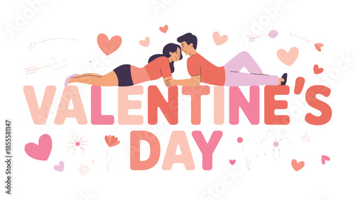 Valentine's Day Couple in Love: A romantic scene for Valentine's Day where a couple lies close, celebrating love and affection, surrounded by heart motifs and floral accents.