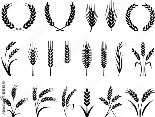 Collection of wheat and laurel wreath icons in black and white grain stalk