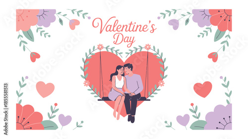 Valentine's Day Couple's Serenade: A tender illustration depicts a couple on a heart-shaped swing, surrounded by floral arrangements, expressing love and romance on Valentine's Day.