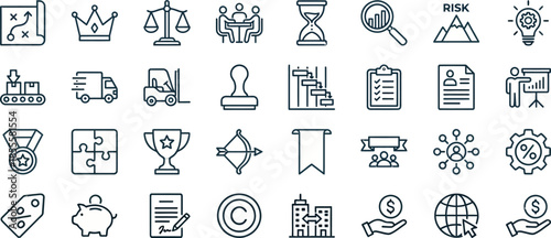 A collection of detailed business and finance outline icons representing strategy planning success law teamwork logistics and legal compliance concepts