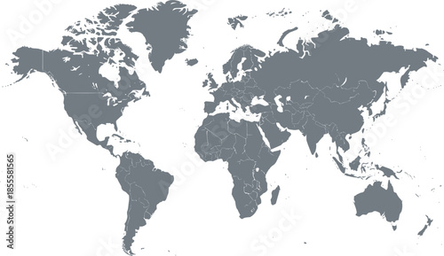 Detailed world map vector illustration with gray continents and precise coastlines isolated on white background for geography education global logistics and travel business designs.