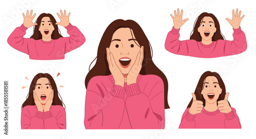 A young woman in a pink sweater displays various expressions of surprise, excitement, and happiness, with open mouth gestures and expressive hand movements.
