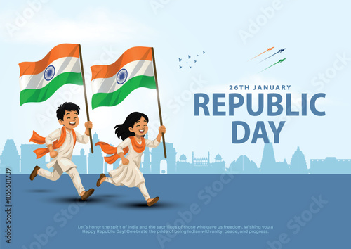 26 January Happy Republic Day Background Design with children holding indian flag Template Illustration, 77th Indian Republic Day for poster, banner, card.