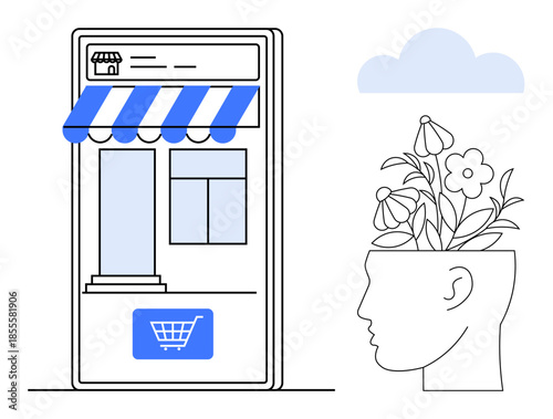 Smartphone with storefront and shopping cart alongside head outlined with blooming flowers and cloud. Ideal for online shopping, innovation, growth, creativity, mental health, e-commerce, balance