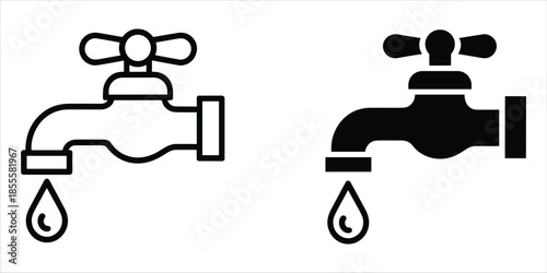 Outline and Solid Black Faucet Icons with Dripping Water Drop vector illustration