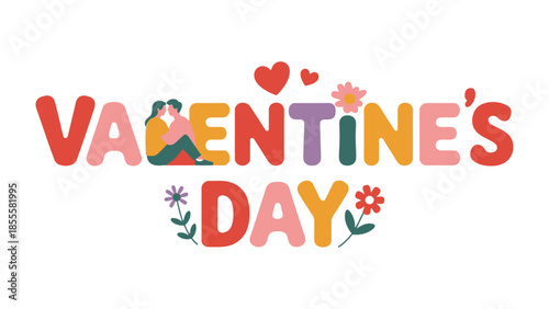 Valentine's Day Bliss: A vibrant display of love and affection unfolds with playful typography, delicate floral elements, and romantic illustrations symbolizing unity and adoration.