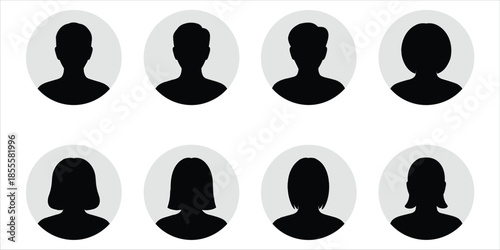 Set of eight black profile avatar icons with gray circles on white user person
