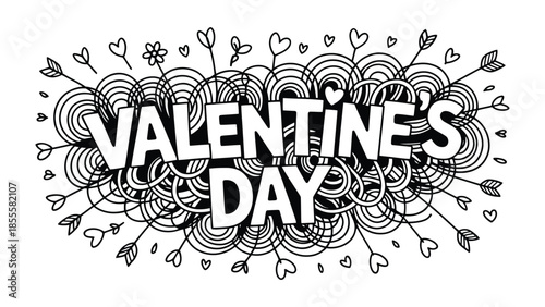 Valentine's Day Illustration: A charming, hand-drawn illustration captures the essence of love and celebration, adorned with hearts, arrows, and floral motifs. 