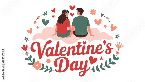 Love's Embrace on Valentine's Day: A couple sits together in tender embrace amidst a vibrant arrangement of hearts and flowers, symbolizing the warmth and romance of the day.