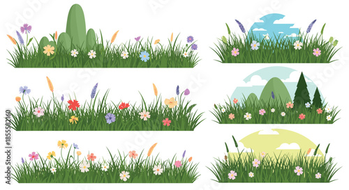 Set of six beautiful vector illustrations depicting lush green grass with an array of colorful wildflowers and scenic backdrops.