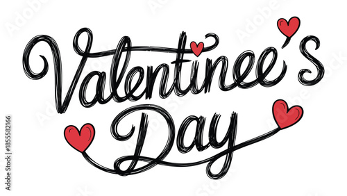 Valentine's Day: Festive lettering with the phrase Valentine's Day is adorned with playful red heart accents, capturing the essence of love and celebration. 