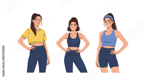 Three diverse young women in various sportswear outfits pose confidently, smiling brightly against a clean white background.