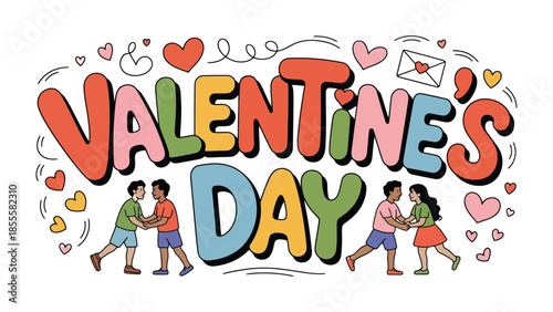 Valentine's Day Celebration: Festive and colorful illustration to celebrate love and affection, featuring intertwined hands, hearts, and romantic symbols.