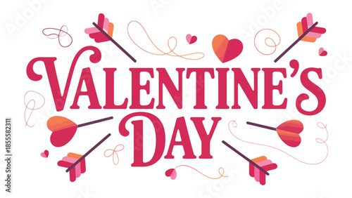Valentine's Day Icon: A romantic illustration of Valentine's Day elements with lettering. Featuring hearts, arrows and ribbons. Express the feeling of love and romance for lovers. 