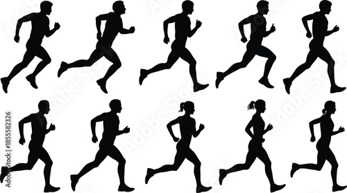 Silhouettes of male and female runners in motion on white background running athlete