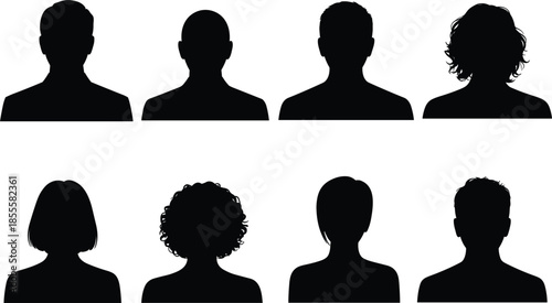 Silhouettes of male and female heads and shoulders with different hairstyles people