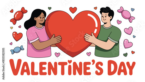 Valentine's Day Couple's Gift of Love: A sweet couple tenderly cradles a giant red heart, the essence of Valentine's Day celebrations, surrounded by candies and smaller hearts.