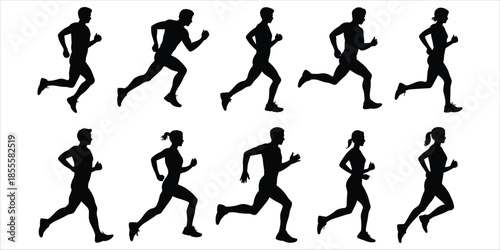 Ten black silhouette icons of runners in various dynamic poses on white background Keywords: runner, running, icon, silhouette
