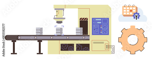 Robotic arm processing items on a conveyor belt alongside digital schedule and gear. Ideal for automation, productivity, workflow, manufacturing, robotics, technology, and industry. Clean minimal