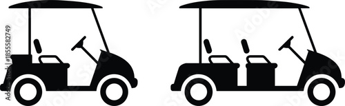 Two black silhouette icons of golf carts with canopies and wheels on white background Keywords: golf cart, vehicle, icon