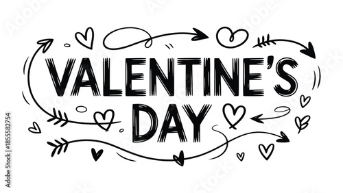 Valentine's Day Concept: An elegant black and white illustration of the phrase Valentine's Day, elegantly designed with arrows, hearts, and decorative elements. This artwork encapsulates love.
