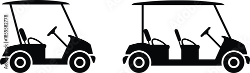 Two Golf Cart Silhouettes Side by Side on White Background Keywords: golf, cart, vehicle, transportation, sport, recreation