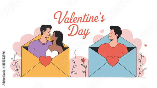 Valentine's Day Love Letters: Expressing the essence of romance and intimacy, two individuals, encapsulated within symbolic envelopes, sharing a tender embrace on the occasion of Valentine's Day.