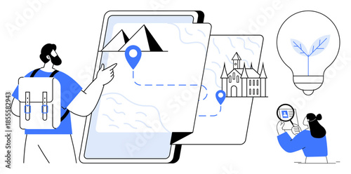 Travel planning. Travel tools including maps, navigation, and landmarks for organized trips. Travel fosters exploration, creativity, and informed journey decisions. Perfect for tourism, navigation