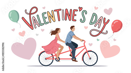 Valentine's Day Couple on Tandem Bike: A loving couple on a tandem bike celebrates love and togetherness. The artwork features hearts and balloons, creating a whimsical and romantic atmosphere.