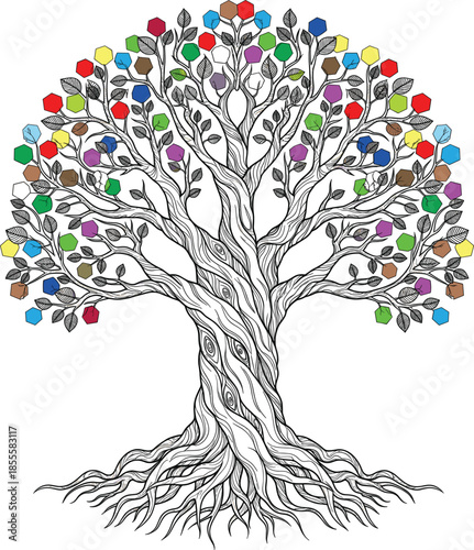Colorful tree of life vector illustration with detailed roots branches and vibrant leaves for spiritual nature design