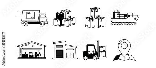 Logistics and shipping icons set on black background