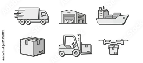 Logistics and shipping icons set on black background