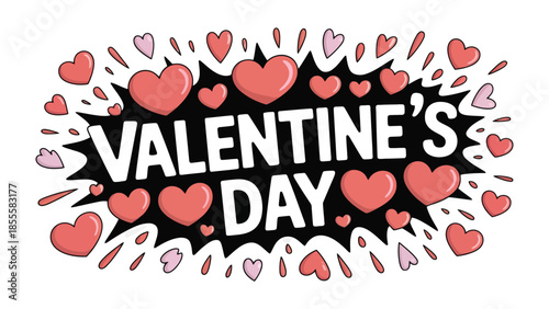 Valentine's Day Celebration: A vibrant explosion of hearts and the festive text. This image captures the essence of romance, love and celebration with its bold design and cheerful color palette. 