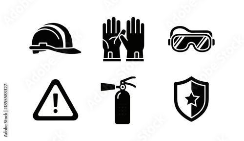 Safety symbols vector set warning signs protective gear icons on black