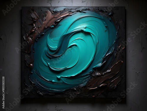Vibrant teal wave painting on dark canvas background