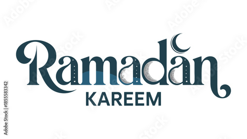 Ramadan Kareem: A elegant calligraphic design features the words Ramadan Kareem in a refined script, accented with a delicate crescent moon symbol.
