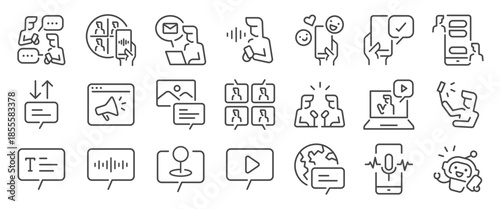 Online Digital Communication icon set. It includes ai, video call, marketing, voice, message, text, live stream, and more icons. Editable Vector Stroke.