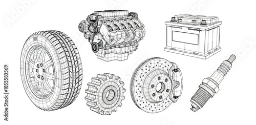 Automotive components illustration technical diagram vector elements