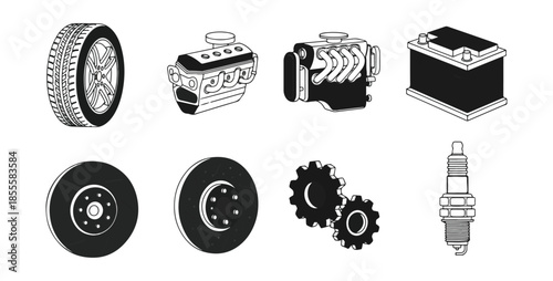 Automotive components illustration tires engines gears and spark plug