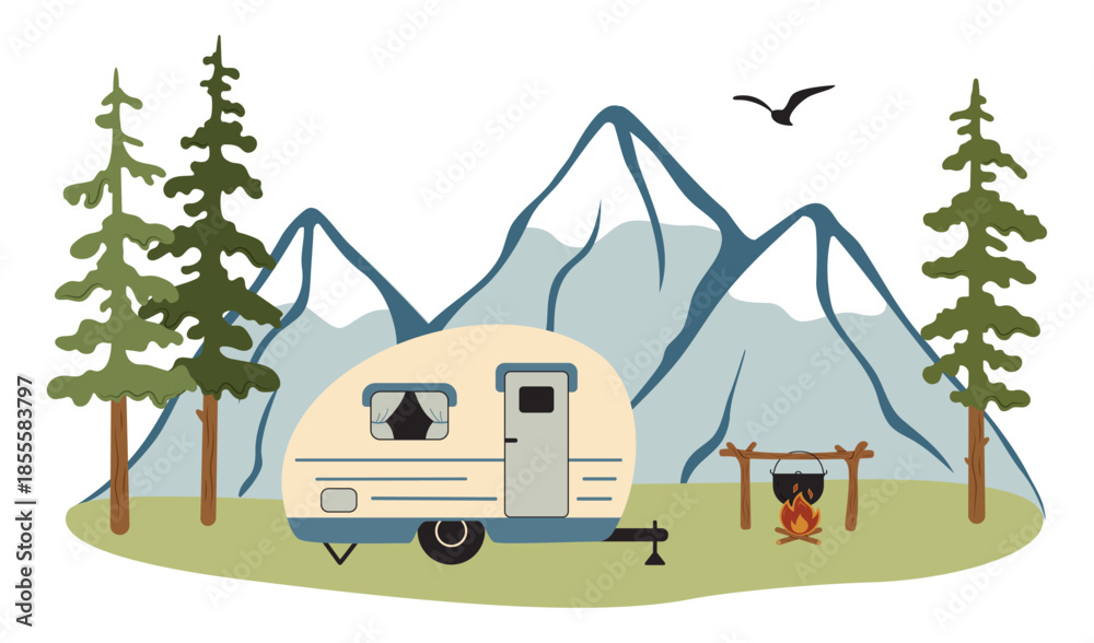 Obraz premium Vector illustration of retro camping trailer in mountain landscape. Caravan on forest meadow with pine trees, campfire and mountains. Outdoor camping concept. Flat style, isolated on white background.