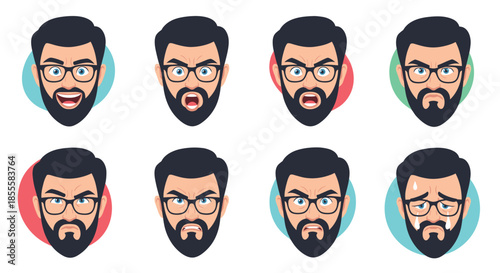 An illustrated set of a bearded man with glasses displaying a variety of human emotions, including happiness, anger, and distress.