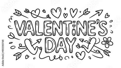 Valentine's Day Doodle: A charming doodle celebrates the essence of love with playful hearts, arrows, and floral motifs. Embracing the spirit of affection, tenderness, and romance.
