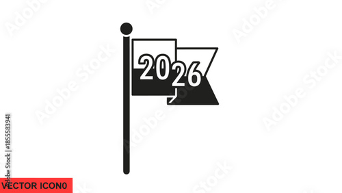 Vector icon of a flag with the year 2026 on it, set against a white background with a red VECTOR ICON label.
