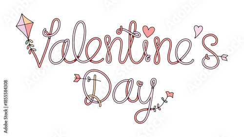 Valentine's Day Calligraphy with Decorations: An artistic display, the words Valentine's Day are beautifully written in elegant calligraphy.
