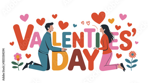 Romantic Valentines Day illustration: A couple enjoys a moment on valentines day. The artwork embodies the spirit of love and connection, featuring charming visuals associated with valentines day. 