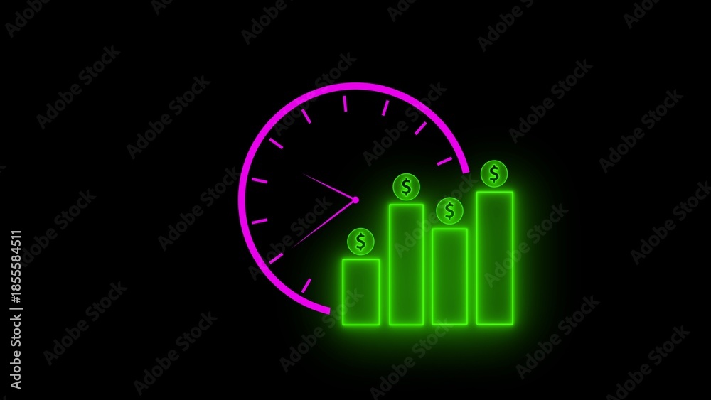 Obraz premium Neon green bar chart with dollar signs and pink clock on black background
