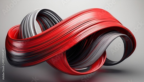 An isolated roll of red plastic hose and industrial steel wire coil forms an abstract line on a white background