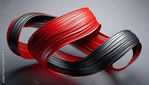 Abstract red, black, and white background featuring a roll of industrial electrical wire and plastic network cables for connection equipment isolated on a metal steel pipe line