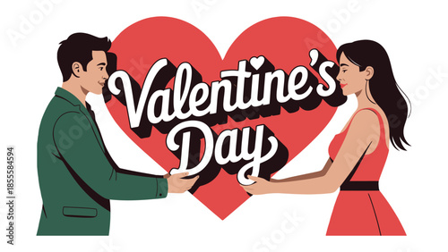 Valentine's Day Couple in Love: A tender Valentine's Day illustration depicts a couple holding hands, a heartfelt symbol of love. The word 'Valentine's Day' sits gracefully over a big red heart.